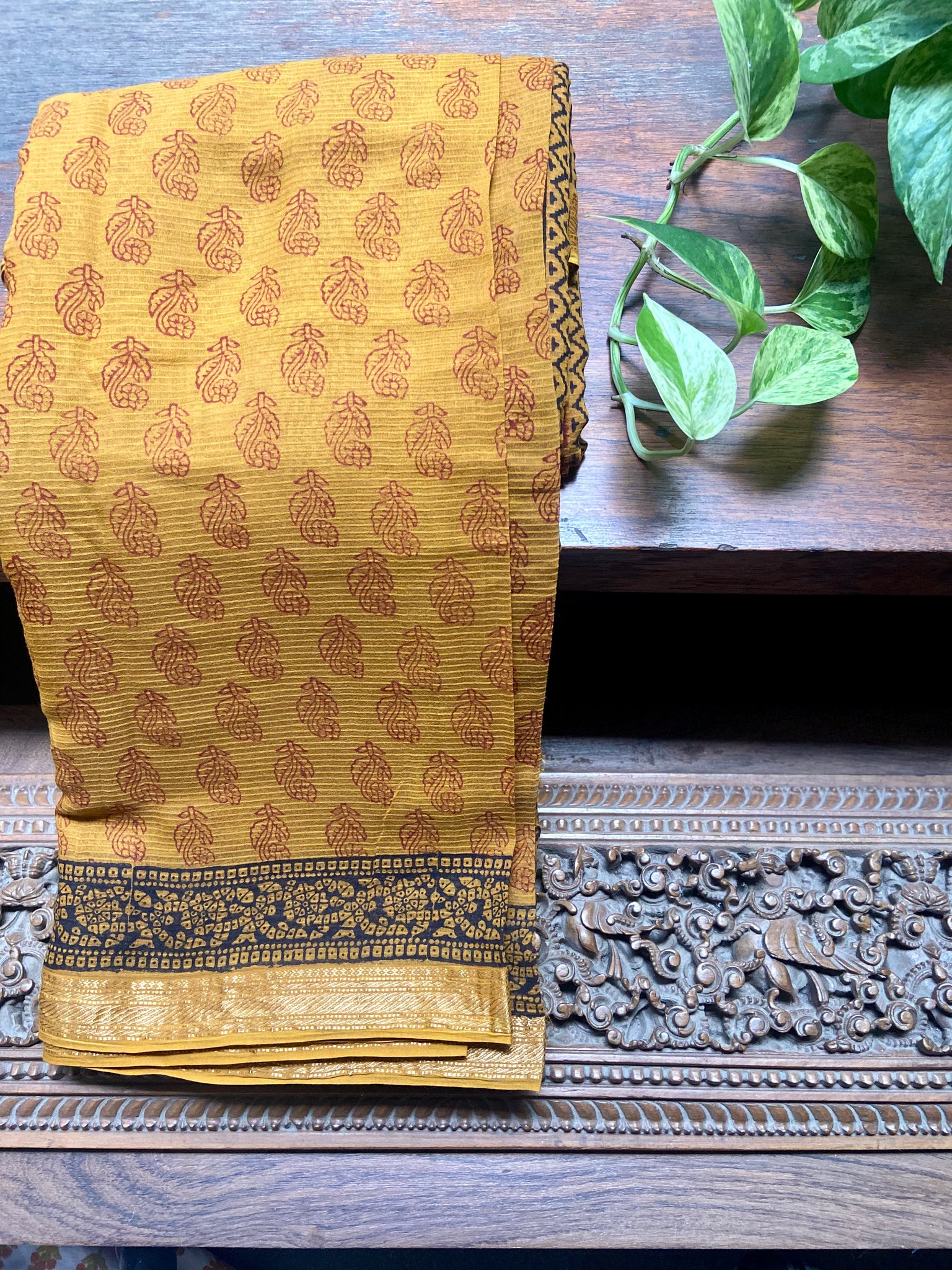 Step out in style with this hand printed Mustard Maheshwari saree! Crafted from silk cotton and printed in bold Bagh, Madhya pradesh designs, it's easy to drape and perfect for any special occasion. Soak up the compliments with this gorgeous, comfortable and dressy saree!