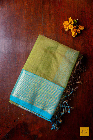 Nithya- Green-Blue Tissue Maheshwari Silk Cotton Handwoven Saree