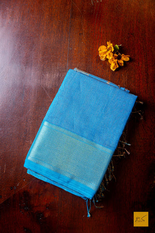 Nirmala- Blue Tissue Maheshwari Silk Cotton Handwoven Saree