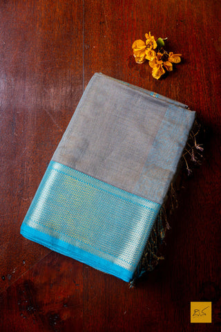 Niranthara- Grey-Blue Tissue Maheshwari Silk Cotton Handwoven Saree
