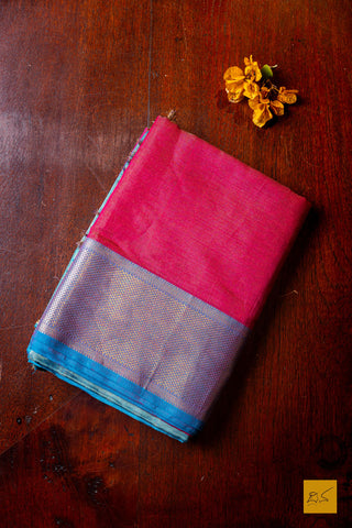 Nirupama- Maroon-Blue Tissue Maheshwari Silk Cotton Handwoven Saree