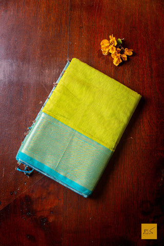 Nishkala- Lime Green-Blue Tissue Maheshwari Silk Cotton Handwoven Saree