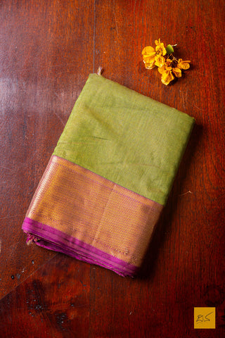Nirguna - Green-Pink Tissue Maheshwari Silk Cotton Handwoven Saree