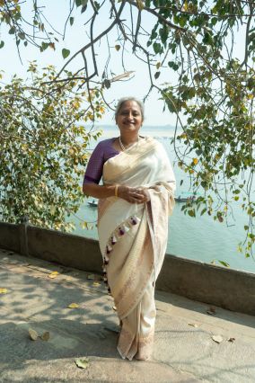 Off White Banarasi Tusser Silk Handwoven Saree