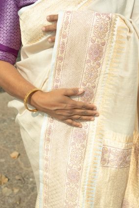 Off White Banarasi Tusser Silk Handwoven Saree