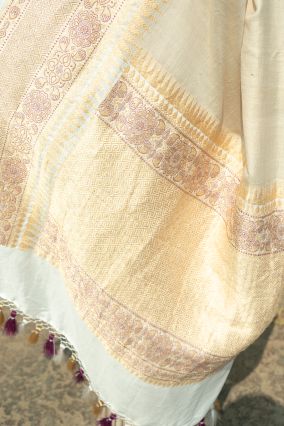 Off White Banarasi Tusser Silk Handwoven Saree