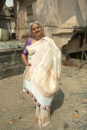 Off White Banarasi Tusser Silk Handwoven Saree
