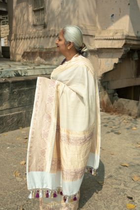 Off White Banarasi Tusser Silk Handwoven Saree