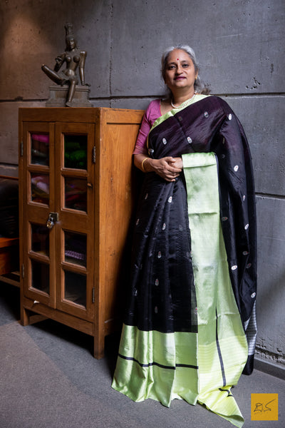 Black and Lime Green Chanderi Silk Handwoven Saree