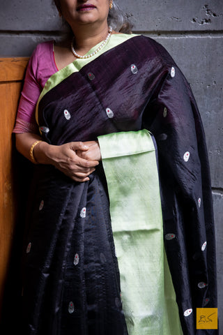 Black and Lime Green Chanderi Silk Handwoven Saree