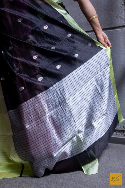 Black and Lime Green Chanderi Silk Handwoven Saree