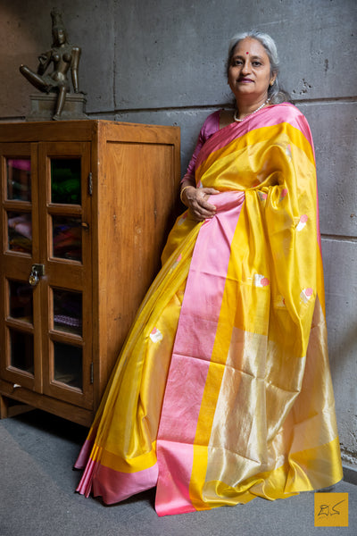 Yellow & Pink Chanderi Silk Handwoven Saree