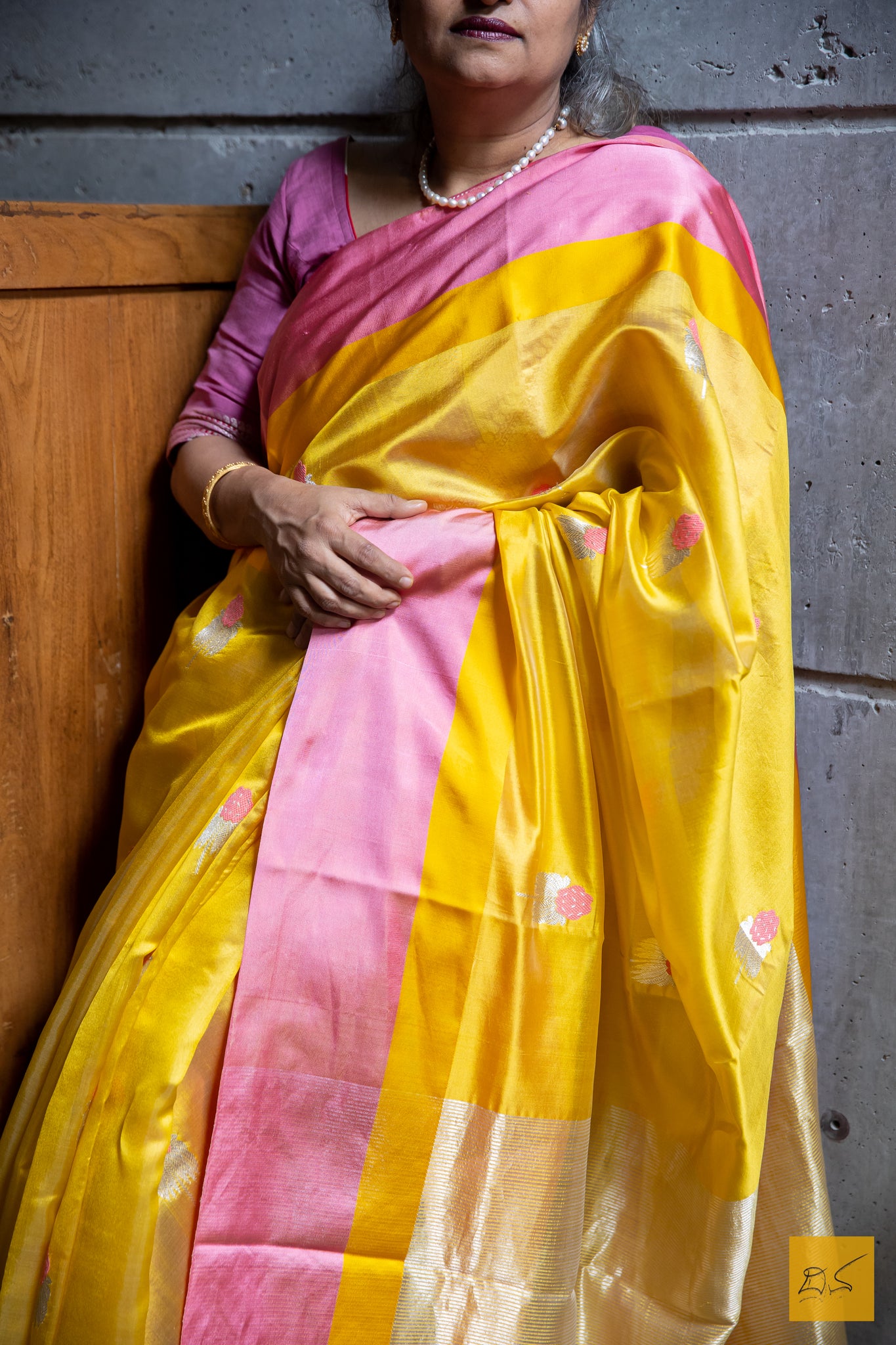 Yellow & Pink Chanderi Silk Handwoven Saree