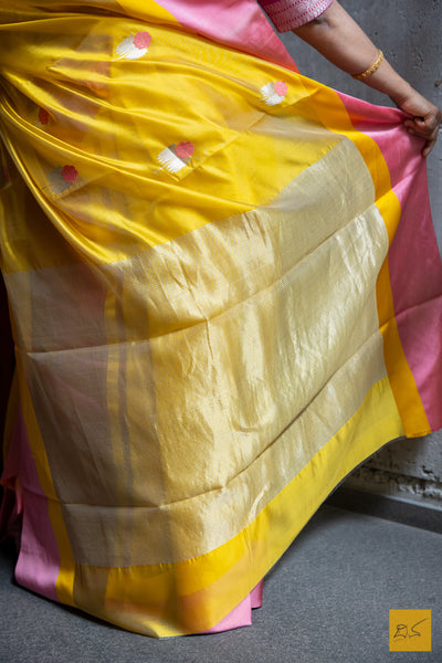 Yellow & Pink Chanderi Silk Handwoven Saree