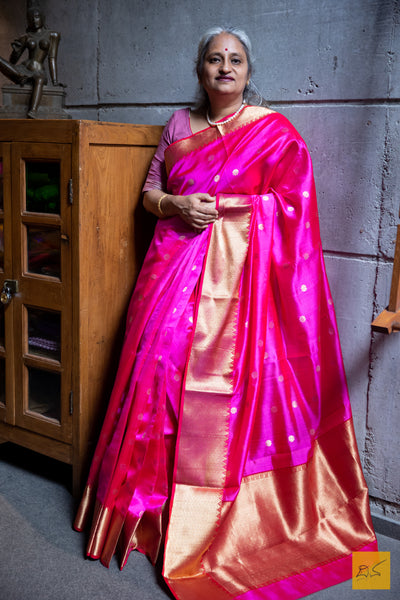 Pink Red Chanderi Silk Handwoven Saree