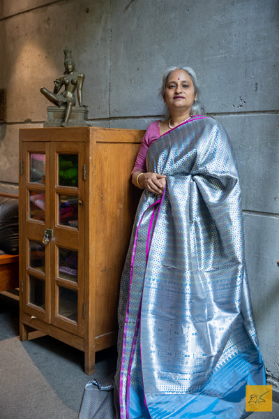 Grey & Blue Brocade Banarasi Katan Silk Handwoven Saree