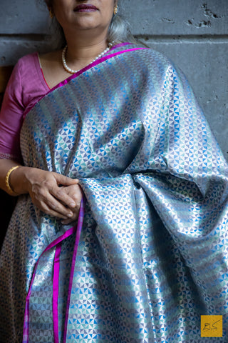 Grey & Blue Brocade Banarasi Katan Silk Handwoven Saree