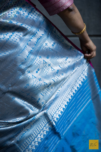 Grey & Blue Brocade Banarasi Katan Silk Handwoven Saree