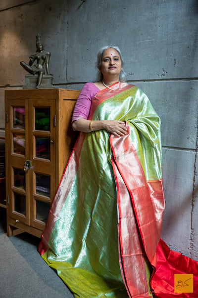 Green & Red Brocade Banarasi Katan Silk Handwoven Saree