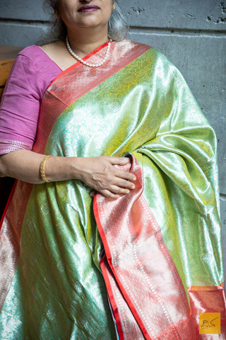 Green & Red Brocade Banarasi Katan Silk Handwoven Saree
