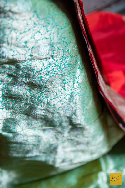 Green & Red Brocade Banarasi Katan Silk Handwoven Saree