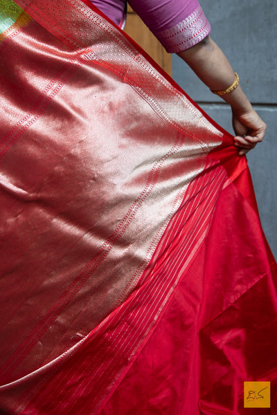 Green & Red Brocade Banarasi Katan Silk Handwoven Saree