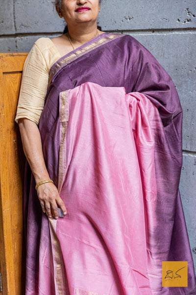 Elevate your wardrobe with our Pink-Purple Ombre Maheshwari Silk Cotton Handwoven Saree. The perfect blend of style and tradition, this saree features a stunning ombre design and is made from high-quality silk cotton.
