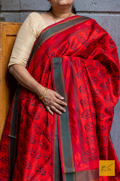 Red Maheshwari Silk Cotton Printed Saree