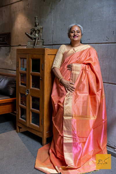 Peach-Pink Maheshwari Silk Handwoven Saree