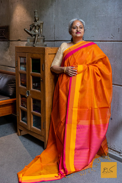 Yellow-Pink Maheshwari Silk Cotton Handwoven Saree