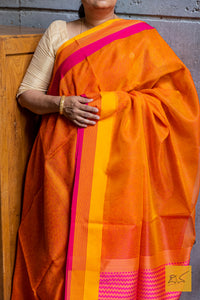 Yellow-Pink Maheshwari Silk Cotton Handwoven Saree