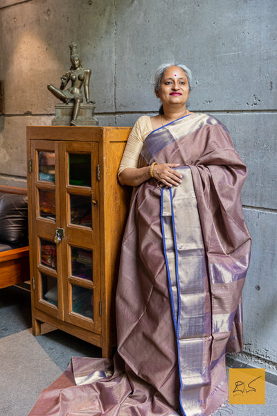 Brown-Blue Maheshwari Silk Cotton Handwoven Saree