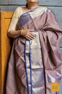 Brown-Blue Maheshwari Silk Cotton Handwoven Saree