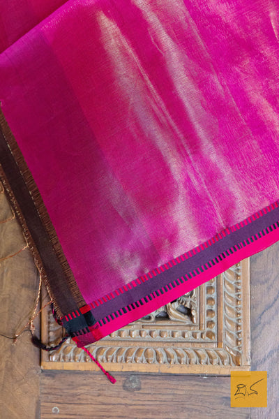 Black, Pink, Tissue, Maheshwari, Silk Cotton, Handwoven Saree, Traditional, Formal, Informal  Perfect for informal gatherings, parties, music concerts, drama, dance concerts. This saree can be perfect for formal gatherings too when paired with brocade blouses.Soft and easy to drape. Comfortable to drape the whole day. Liked by architects, doctors, corporate professionals, artists, home makers, professionals. Suits parties, small events, music and dance concerts, drama and so on