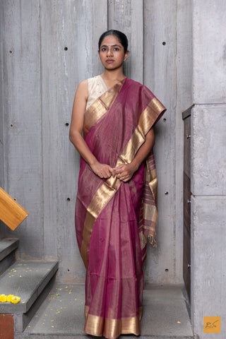 Purple & Gold Maheshwari Silk Cotton Handwoven Saree