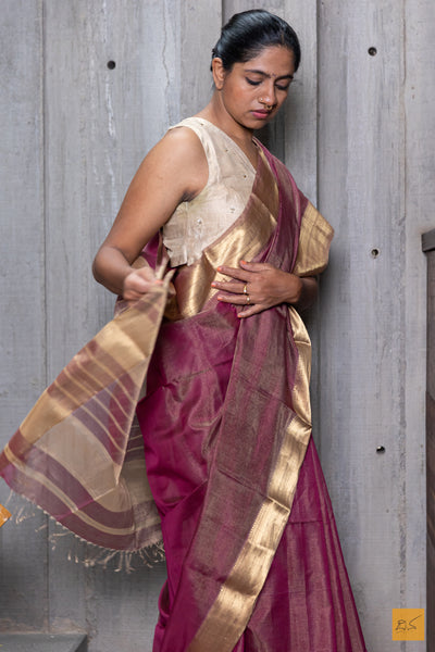 Purple & Gold Maheshwari Silk Cotton Handwoven Saree