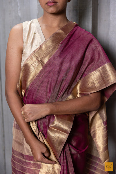 Purple & Gold Maheshwari Silk Cotton Handwoven Saree