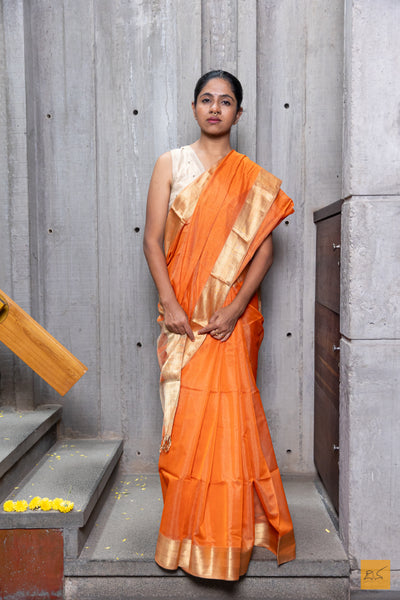 Orange & Gold Maheshwari Silk Cotton Handwoven Saree