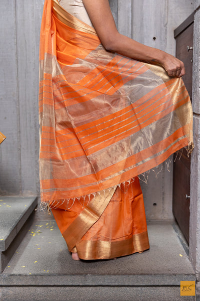 Orange & Gold Maheshwari Silk Cotton Handwoven Saree