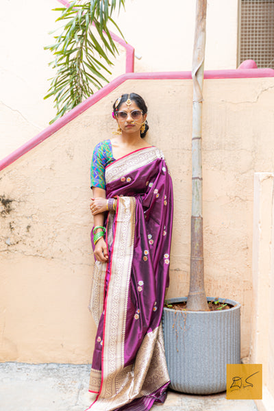 Nalini - Purple Banarasi Katan Silk Handwoven Saree