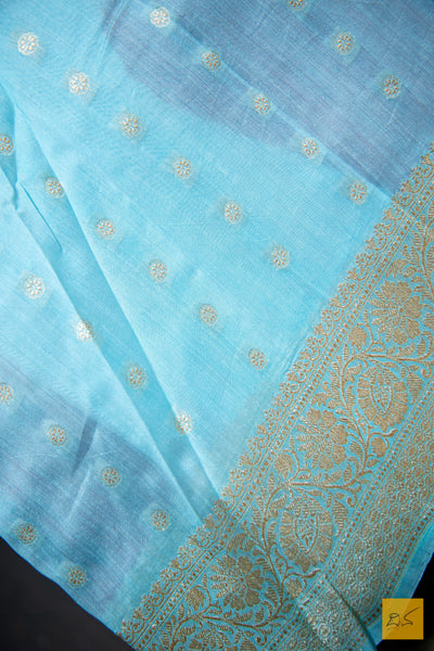 Sea Blue & Red Banarasi Silk Cotton Handwoven Saree