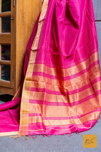 Pink - Peach Maheshwari Silk Cotton Tissue Handwoven Saree