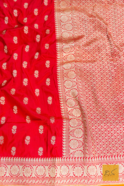 Red - Orange Banarasi Katan Silk Handwoven Saree