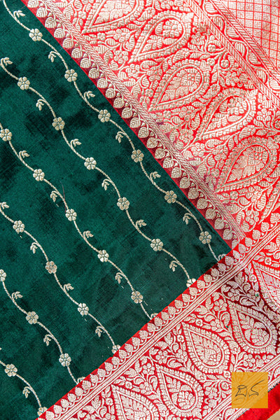 Bottle Green & Red Banarasi Katan Silk Handwoven Saree