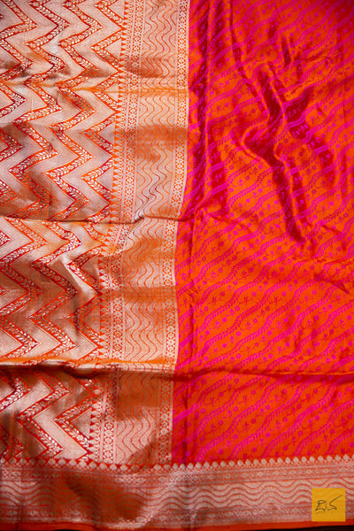 Orange-Pink Banarasi Satin Silk Handwoven Saree