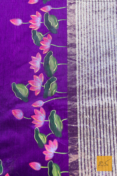 Purple Maheshwari Hand Painted Silk Cotton Handwoven Saree