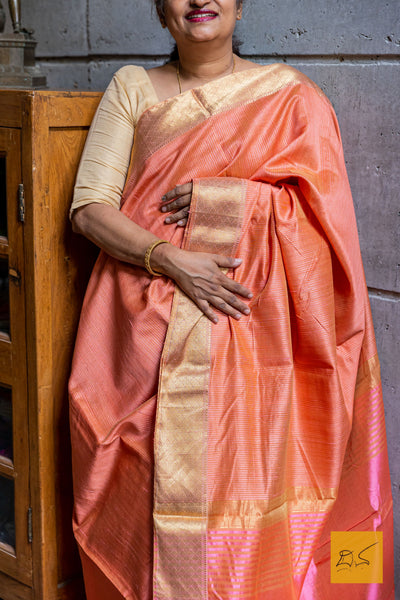 Peach-Pink Maheshwari Silk Handwoven Saree