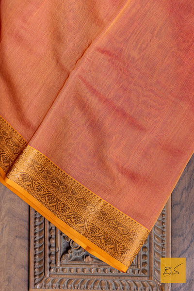 Pink - Peach Maheshwari Silk Cotton Tissue Handwoven Saree