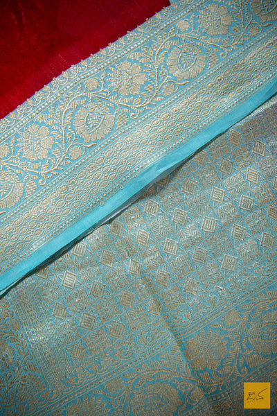 Sea Blue & Red Banarasi Silk Cotton Handwoven Saree