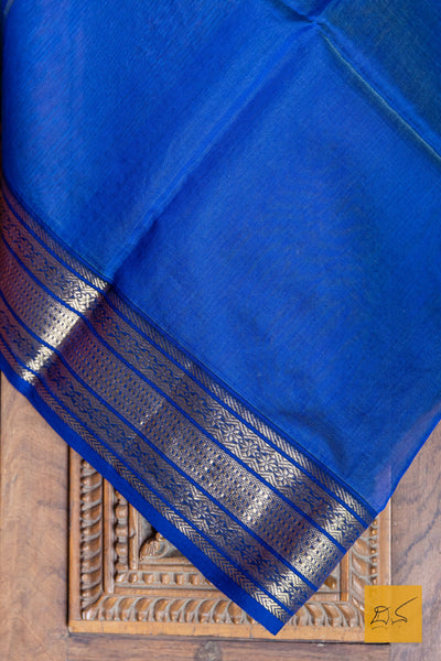 Blue Maheshwrai Silk Cotton Tissue Handwoven Saree